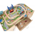 Set trenulete din lemn Busy City 2 in 1  cu masuta de joaca si sertar si 80 de piese